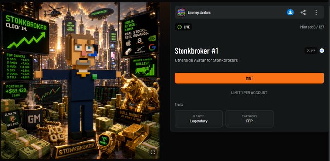 Mint page screenshot for "Stonbroker #1" NFT from the Emoneys Avatars collection (Otherside Avatar for Stonkbrokers), showing Legendary rarity, PFP category, with 0/127 minted, displayed alongside pixel art imagery of a stockbroker character and gold coins.