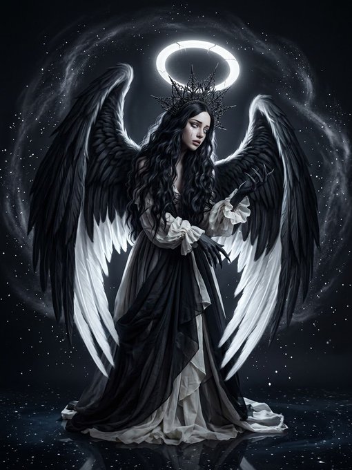 A monochrome fantasy illustration of a dark-haired, angel-like woman with large black-and-white wings, a glowing halo, and a black gown, set against a starry, smoky background.