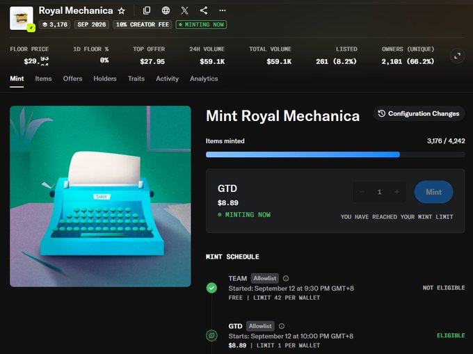 A webpage for 'Royal Mechanica' NFT collection displays minting information with a floor price of $29.95, showing that 3,176 of 4,242 items have been minted, alongside an image of a 3D typewriter.