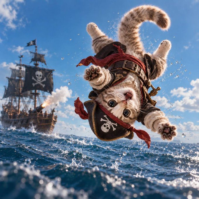 An adorable kitten dressed as a pirate, complete with a bandana, eye patch, and skull-and-crossbones hat, appears to be falling through the air toward the ocean, with a pirate ship visible in the background.