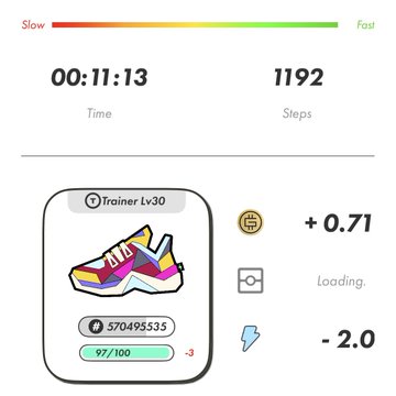 The image shows a fitness tracking app with a colorful shoe displayed, along with other information such as the number of steps taken, the time spent exercising, and the total distance covered during the workout session. The app also provides a progress bar for monitoring the user's performance in terms of calories burned or distance traveled.