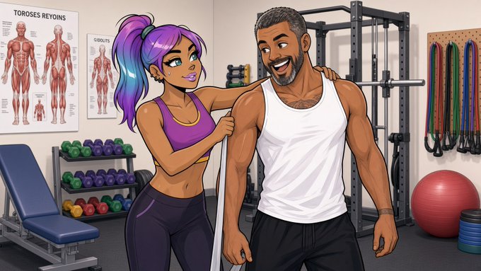 A cartoon illustration of a purple-haired woman in athletic wear measuring the arm of a muscular bearded man in a white tank top, set in a gym with dumbbells and exercise equipment.