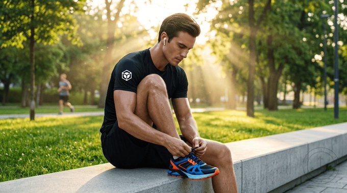 A man sits on a stone ledge tying the laces of his bright blue and orange running shoes, wearing a black athletic shirt and wireless earbuds, bathed in golden morning sunlight in a park where another jogger passes in the background. The image visually embodies the post's message about unseen morning discipline and quiet personal battles, capturing the solitary act of preparation that fuels self-driven strength.