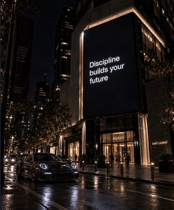 A nighttime city street scene featuring a black Porsche parked in front of a Gucci store, with a large illuminated billboard displaying 'Discipline builds your future'.