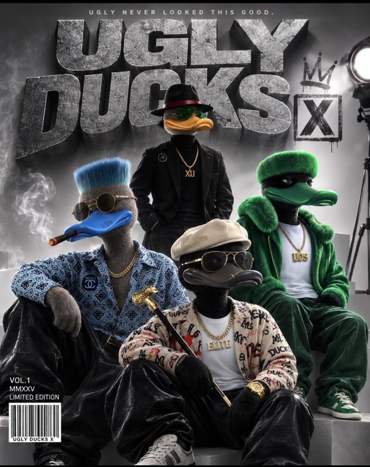A magazine cover titled 'UGLY DUCKS' Vol. 1 MMXXV Limited Edition featuring four anthropomorphic ducks in urban streetwear, gold chains, and accessories, with the tagline 'UGLY NEVER LOOKED THIS GOOD.'