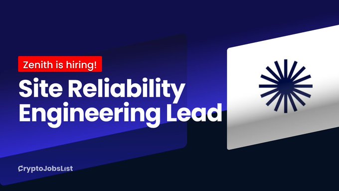 A job listing graphic with a dark blue background displays a red banner reading "Zenith is hiring!" above the title "Site Reliability Engineering Lead" in white text, alongside a loading spinner icon on a white card and the "CryptoJobsList" branding in the corner.