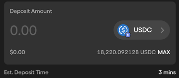 A dark-themed "Deposit Amount" interface shows a balance of 0.00 with a maximum available deposit of 18,220.092128 USDC, and an estimated deposit time of 3 minutes. The screen relates to the post by showing the funding step for OndoPerps' pre-alpha platform, where users can deposit USDC to trade tokenized real-world assets 24/7 with DeFi-style leverage.