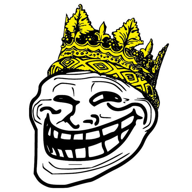 A black-and-white trollface meme character wearing an ornate yellow crown, symbolizing the post's claim that $TROLL is the "king of Solana meme coins" and seeking a community vibe check on its status.