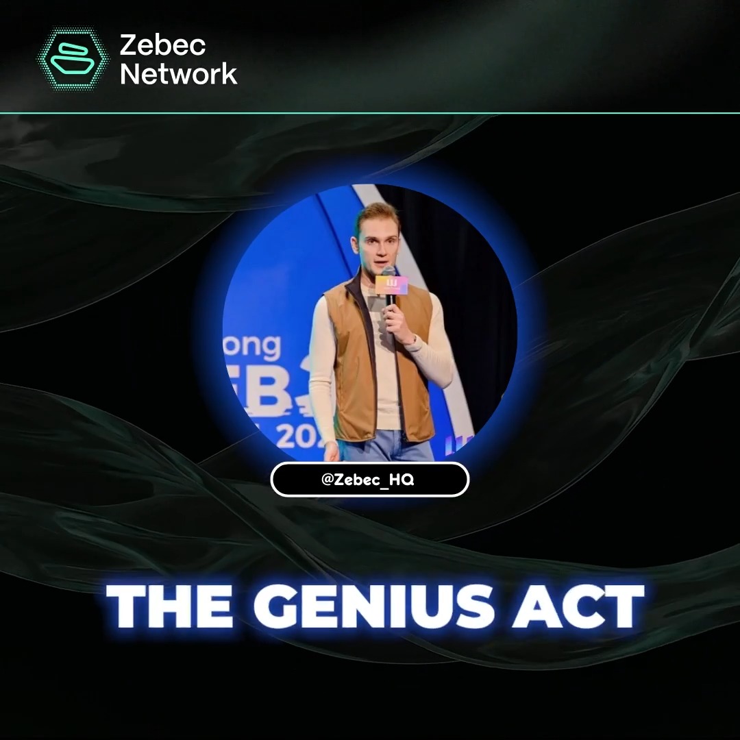 The image features Zebec Network branding with a circular portrait of a speaker (@Zebec_HQ) at a WEB3 event, captioned "THE GENIUS ACT" in glowing text. This aligns with the post's focus on accelerating stablecoin regulation, as the GENIUS Act is a key piece of US legislation related to stablecoin oversight.