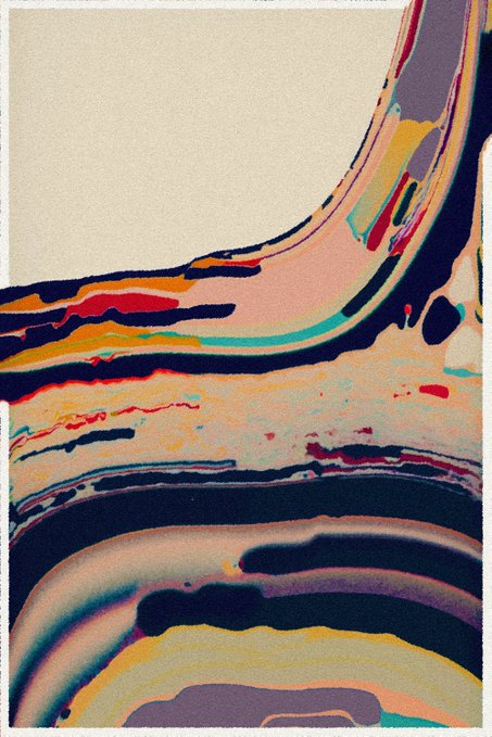 An abstract digital artwork featuring flowing, layered bands of color including navy, pink, orange, yellow, and turquoise in a marbled, fluid composition.