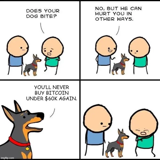 A four-panel comic strip (Cyanide & Happiness style) where a person asks a dog owner 'Does your dog bite?' and is told 'No, but he can hurt you in other ways,' before the dog cryptically declares 'You'll never buy Bitcoin under $60K again,' leaving the asker crying.