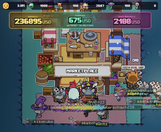 A pixel art video game screen shows a marketplace scene with various characters and text including 'MARKETPLACE', 'WEEKLY 236095 USD', 'THRONE 675 USD', and 'MAX BOUNTY 2100 USD'.