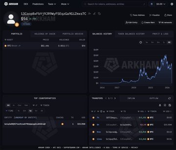 A view of the Arkham Intelligence dashboard showing a Bitcoin whale wallet with a balance of approximately $30.7 million, displayed alongside a 13-year price chart and recent transfer activity, illustrating the massive gains from holding 1,000 BTC since 2013.
