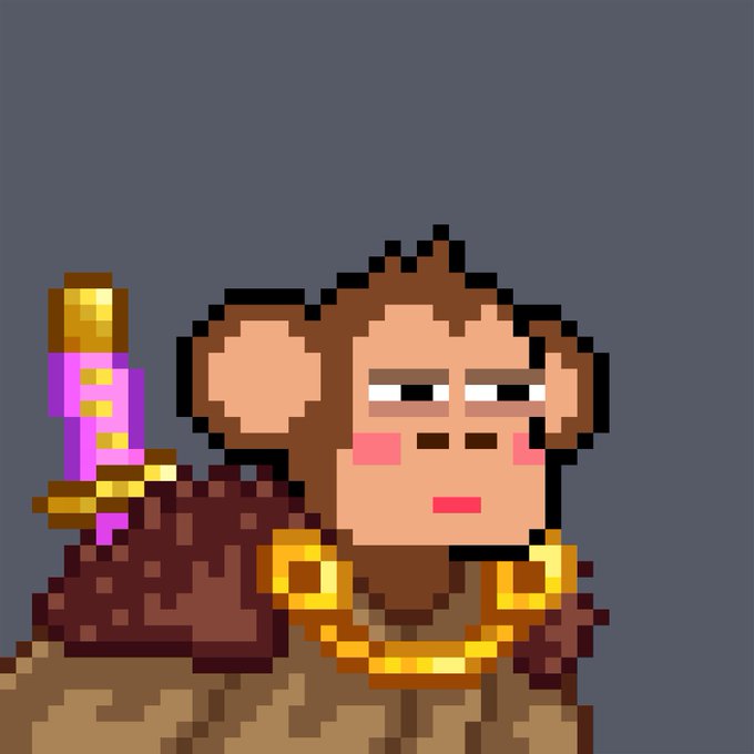 A pixel-art portrait of a brown monkey character with pink cheeks, wearing a thick gold chain and holding a purple and gold staff.