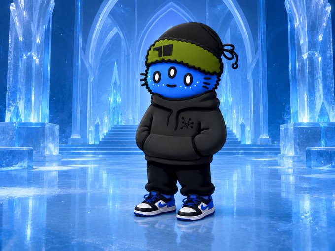 A digital illustration of a small blue-skinned character wearing a black hoodie, black beanie with green accents, and black and blue sneakers, standing in an icy crystal palace.