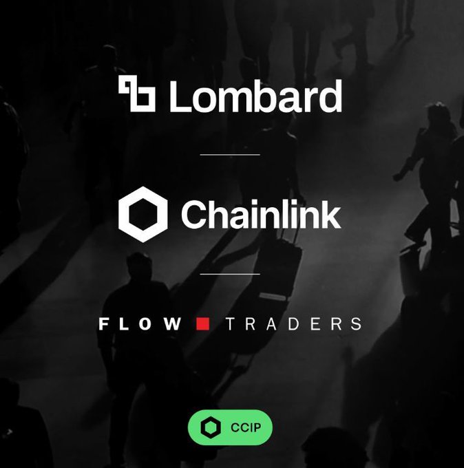 A dark silhouette image of a crowd displays logos for Lombard, Chainlink, Flow Traders, and a green 'CCIP' badge.