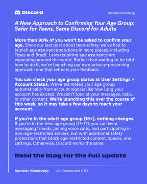 A Discord blog post titled "A New Approach to Confirming Your Age Group: Safer for Teens, Same Discord for Adults," signed by Stanislav Vishnevskiy, Co-Founder and CTO, detailing new age confirmation measures.