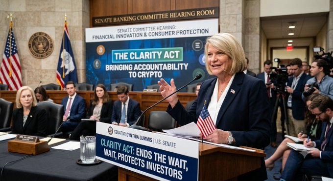 A photograph of Senator Cynthia Lummis speaking at a Senate Banking Committee Hearing Room podium about 'THE CLARITY ACT: BRINGING ACCOUNTABILITY TO CRYPTO,' with a sign reading 'CLARITY ACT: ENDS THE WAIT, PROTECTS INVESTORS'.