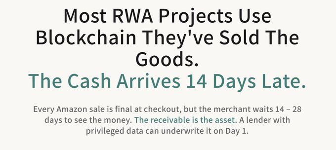 The image displays text reading: "Most RWA Projects Use Blockchain They've Sold The Goods. The Cash Arrives 14 Days Late." with a subtitle explaining that Amazon sales are final at checkout, but merchants wait 14–28 days to receive payment, noting the receivable is the asset and can be underwritten on Day 1 by lenders with privileged data.

The image relates to the post by illustrating the delayed payment cycle Amazon merchants face after sales, which the poster uses to draw a parallel between e-commerce platforms and blockchain (both maintaining shared ledgers), while highlighting the cash flow pressure on sellers during the 14-28 day settlement period.