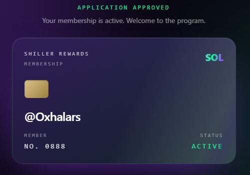 The image shows a credit card application form for the Sol Shiller Rewards program, which has a purple background with white text. The form asks for a unique number, and the user's handle is listed as "shillsol". The post indicates that the user has joined the program and their account has been approved.