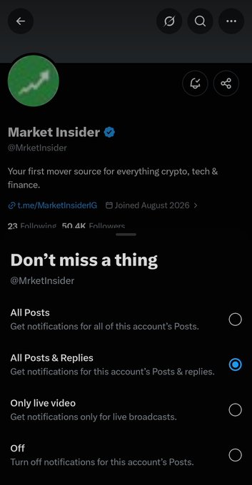 A screenshot of a Twitter/X profile for "Market Insider (@MrketInsider)" verified account describing itself as "Your first mover source for everything crypto, tech & finance," with notification settings showing "All Posts & Replies" selected.