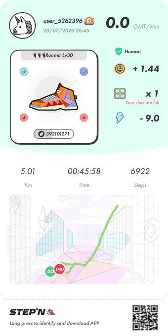 A STEPN app screenshot showing a "Runner Lv30" sneaker NFT, stats including 5.01 Km, 00:45:58 time, 6922 steps, GMT earnings of +1.44, and energy at -9.0.