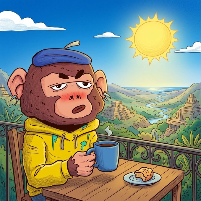 An illustrated cartoon monkey wearing a yellow hoodie and blue beret sits at a table holding a coffee mug, overlooking a lush landscape with ancient ruins under a bright sun.