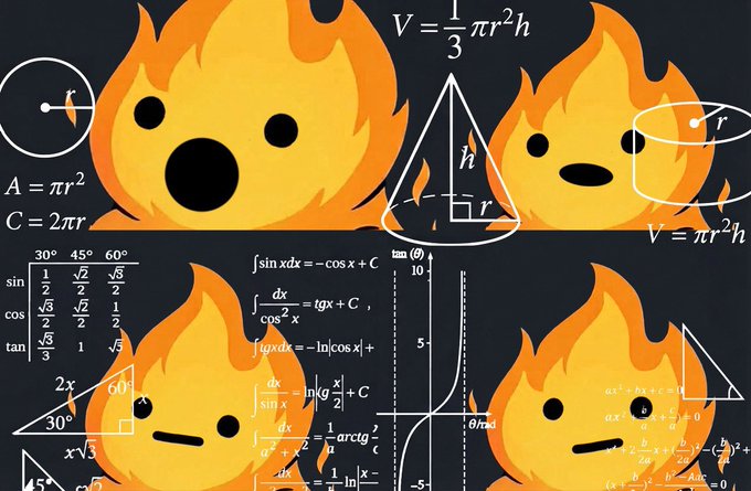 An illustration features cartoon flames with surprised and smiling faces set against a dark chalkboard background covered in various mathematical formulas and diagrams.