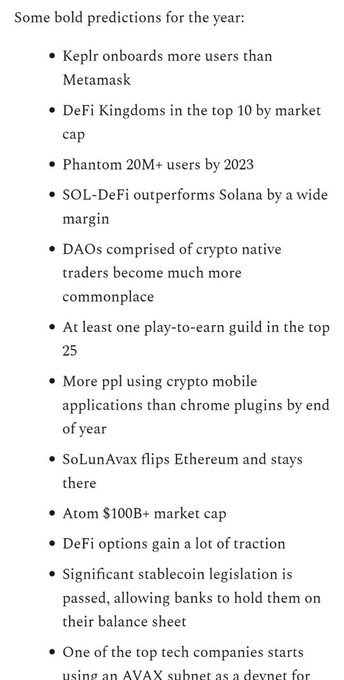 The image shows a list of bold crypto predictions for the year, including Keplr onboarding more users than Metamask, DeFi Kingdoms in the top 10 by market cap, Phantom reaching 20M+ users, SOL-DeFi outperforming Solana, and significant stablecoin legislation. The accompanying post about crypto creators and traders scaling trust aligns with the prediction that "DAOs comprised of crypto native traders become much more commonplace," reflecting the growing influence of trading communities in the crypto space.