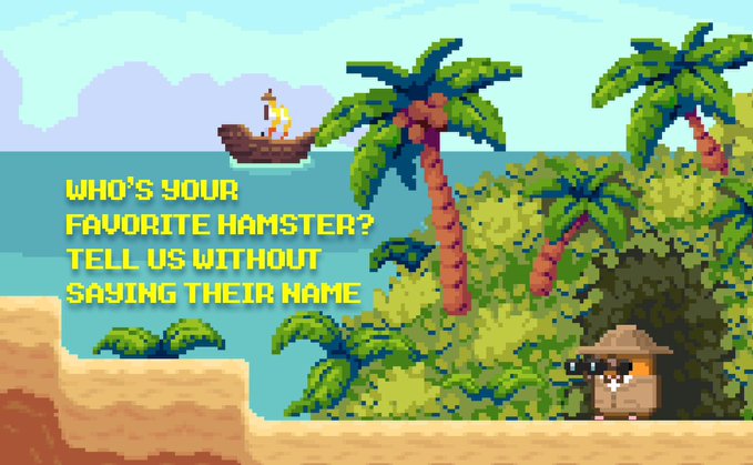 A pixel art tropical background with palm trees, a boat, and a hamster character wearing sunglasses, with yellow text asking: 'Who's your favorite hamster? Tell us without saying their name.'