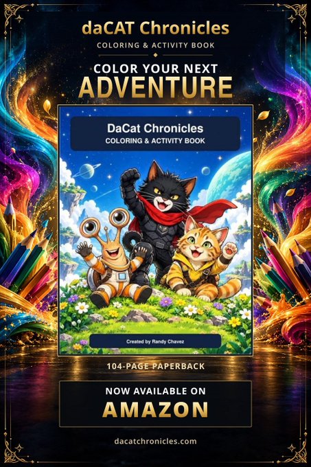 Promotional image for 'daCAT Chronicles Coloring & Activity Book' featuring cats and a robot in a space setting, advertising it as a 104-page paperback now available on Amazon, created by Randy Chavez.