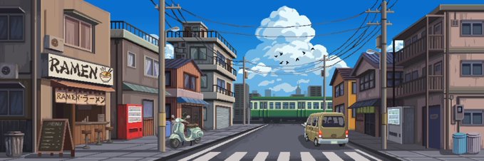 The image features a cartoon city street scene with buildings, cars, and people. The main focus of the image is a green van driving down the street next to a building that has a sign for ramen noodles. There are also two people walking on the sidewalk near the center of the image. The post includes an interesting prompt: "Hyped project 10 GTD spots giveaway To Enter: 1. Follow: @coinmemes & @PixonaOrg Must on notification 2. Like + RT this post 3. Drop your ETH wallet Ends in 24 hours". This encourages viewers to enter a contest or share the image with their friends, promoting the post and potentially increasing its reach.