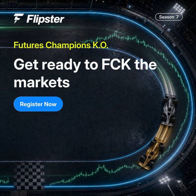A Flipster Season 7 promotional ad for 'Futures Champions K.O.' with the tagline 'Get ready to FCK the markets' and a 'Register Now' button.