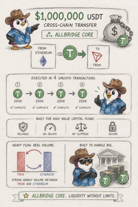 An infographic for 'ALLBRIDGE CORE' illustrates a $1,000,000 USDT cross-chain transfer from Ethereum to Tron, executed in 4 transactions of 250K each, highlighting features like 'RELIABLE', 'NO DELAYS', 'NO SLIPPAGE', and 'SECURE'.
