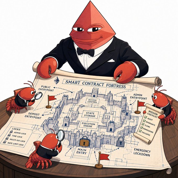 A cartoon lobster in a tuxedo presents a "Smart Contract Fortress" blueprint, surrounded by smaller lobsters inspecting features like "Public Entrypoint," "Admin Entrypoint," "Deposit Entrypoint," "Access Control," "State Storage," "Execution Engine," "Mission Checklist" (audit, invariants, flows, permissions, callables), and various locks (Admin, Time, Multi-Sig, Rate Limit). 

The whimsical illustration visualizes the security audit process described in the post—mapping out roles, entry points, and attack surfaces on onedollaraudit.com using Trail of Bits' methodology, with the fortress metaphor representing the defensive layers and structured review of smart contract vulnerabilities.