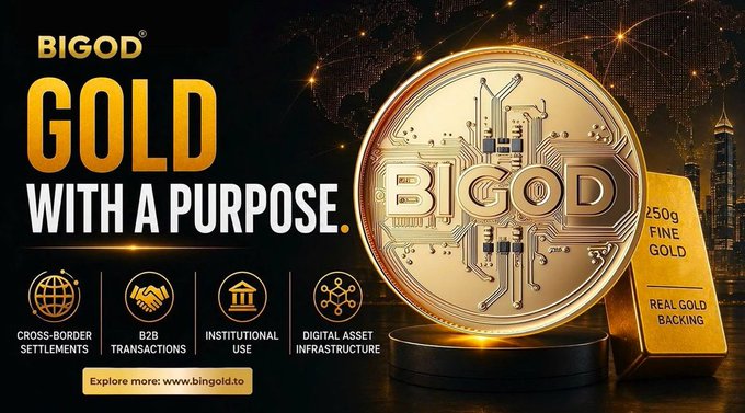 The image is a promotional banner for BIGOD featuring a large gold coin with "BIGOD" engraved on it alongside a 250g fine gold bar, set against a glowing cityscape background, with the tagline "GOLD WITH A PURPOSE." It highlights four key utilities: Cross-Border Settlements, B2B Transactions, Institutional Use, and Digital Asset Infrastructure, directing viewers to explore more at www.bigod.to—reinforcing the post's message about BIGOD's real-world utility beyond simple gold-backed asset holding.