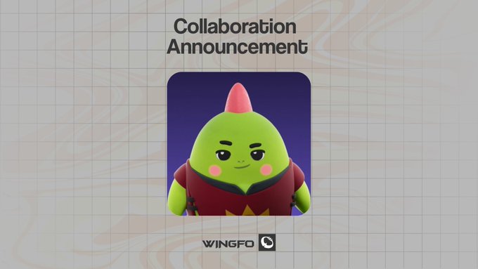 A "Collaboration Announcement" graphic features a 3D-rendered green character with a red horn, wearing a maroon shirt with yellow accents, set against a purple background with the "WINGFO" logo at the bottom, promoting the new partnership with Sleepagotchi.