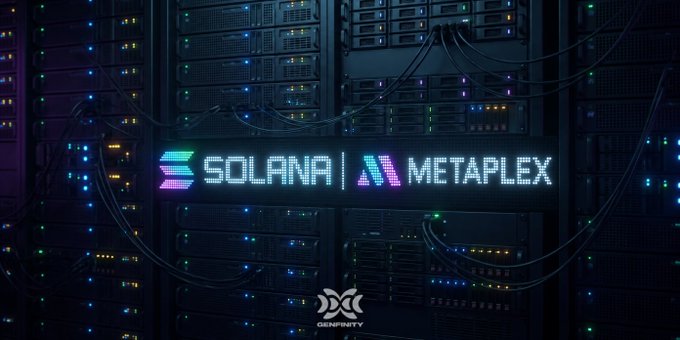 A digital banner displaying the Solana and Metaplex logos with neon lighting effects against a background of server racks, branded by Genfinity.