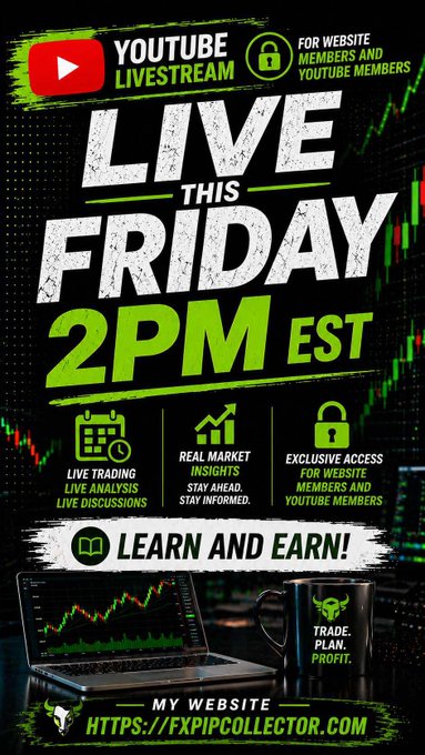 A YouTube livestream promotional graphic with green accents advertising a Friday 2PM EST session featuring live trading, real market insights, and exclusive access for website and YouTube members, with the website HTTPS://FXPIPCOLLECTOR.COM displayed at the bottom.