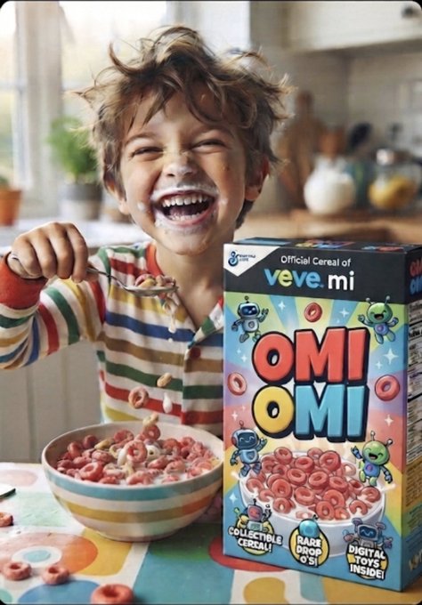 A young boy laughs joyfully with milk on his face while eating cereal from a colorful bowl, positioned next to a cereal box labeled 'OMI OMI' which states it is the 'Official Cereal of veve.mi' and includes 'COLLECTIBLE DIGITAL TOYS INSIDE!'.