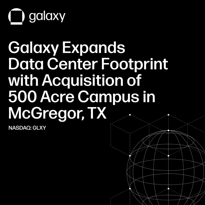 The image is an announcement graphic from Galaxy (NASDAQ: GLXY) announcing their expansion of their data center footprint through the acquisition of a 500-acre campus in McGregor, Texas, featuring the company's logo and a wireframe globe design on a black background.
