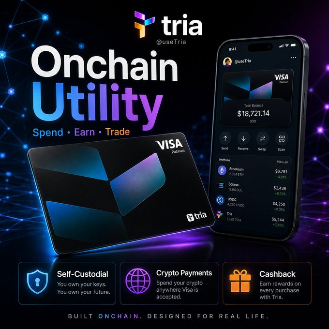 The image features a black smartphone with a Visa card attached, displaying its details such as the card number, expiration date, and balance. The background of the image is purple and blue, creating an interesting visual effect. The text "ONCHAIN UTILITY" is prominently displayed at the top of the image, while "VISA" is written below it. The post also includes a list of features that make the card usable daily, such as self-custodial access to funds and the ability to pay with Bitcoin or other cryptocurrencies.