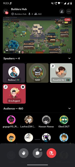 A mobile screenshot of a 'Builders Hub' live stream with 460 viewers, showing speakers including 'Rollins', 'NXR', 'Koushik Niy', and 'EricArgent' in a virtual world.