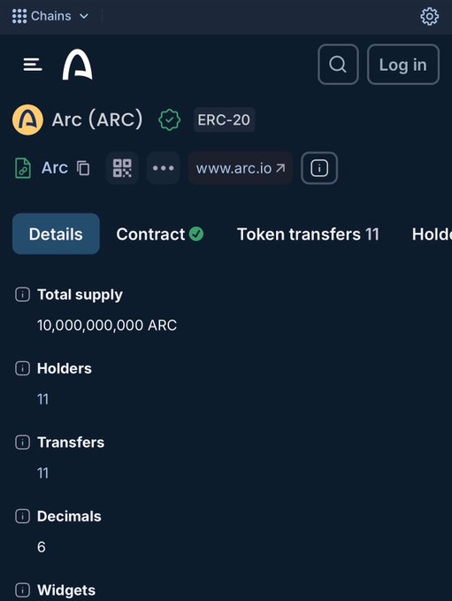 The image shows a blockchain explorer page confirming that the Arc (ARC) ERC-20 token has been minted with a total supply of 10,000,000,000 ARC, 6 decimals, 11 holders, and 11 transfers, directly verifying the key details mentioned in the post about the token's TGE progress.