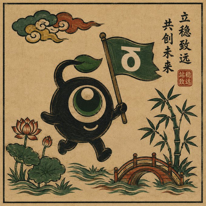 Illustration of a round black character holding a flag with a leaf symbol, set in an Asian-style landscape with bamboo, a bridge, lotus flowers, and clouds, accompanied by Chinese calligraphy.