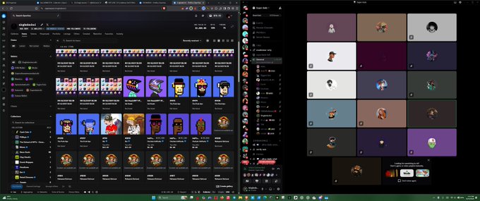 The image shows a Discord interface displaying two NFT collections side-by-side: "Original Rocks" by AlphaDubs on the left, and another collection on the right. The post "gm superdads" likely refers to the AlphaDubs community, as "gm" (good morning) is a common crypto greeting, and the pixel-art character NFTs align with the Superdads branding shown in the NFT thumbnails.