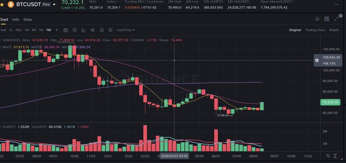 A cryptocurrency trading chart displays the BTCUSDT Perpetual pair price at $70,232.10 on Binance, showing a downward trend with candlestick patterns.