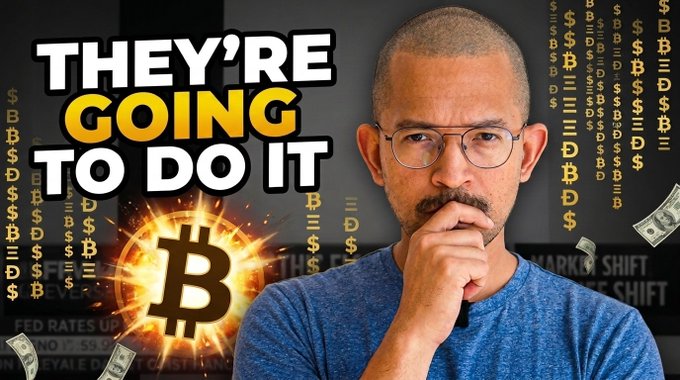 A man in glasses appears contemplative in front of a Bitcoin logo and falling dollar signs, with bold text reading "THEY'RE GOING TO DO IT" and background references to "FED RATES" and "MARKET SHIFT," tying into the post's warning about an impending significant development affecting Bitcoin and altcoin holders.