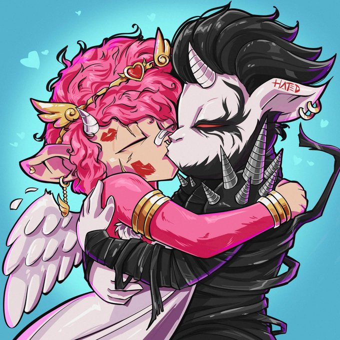A cartoon illustration of two stylized fantasy characters sharing a kiss, with hearts floating in the background.
