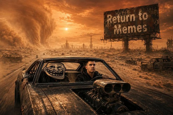 A post-apocalyptic scene featuring a man and the Trollface meme driving a muscle car through a wasteland, with a billboard reading "Return to Memes" in the background.